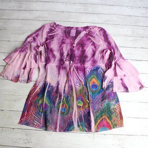 DB Sport Vintage Womens Sheer Chiffon Blouse Top Size L 3/4 Bell Sleeves